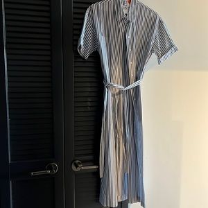 Blue and white striped dress w/ buttons down the front and belt to tie at waist.